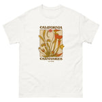 White t-shirt with a graphic design of carnivorous plants and text on a white background