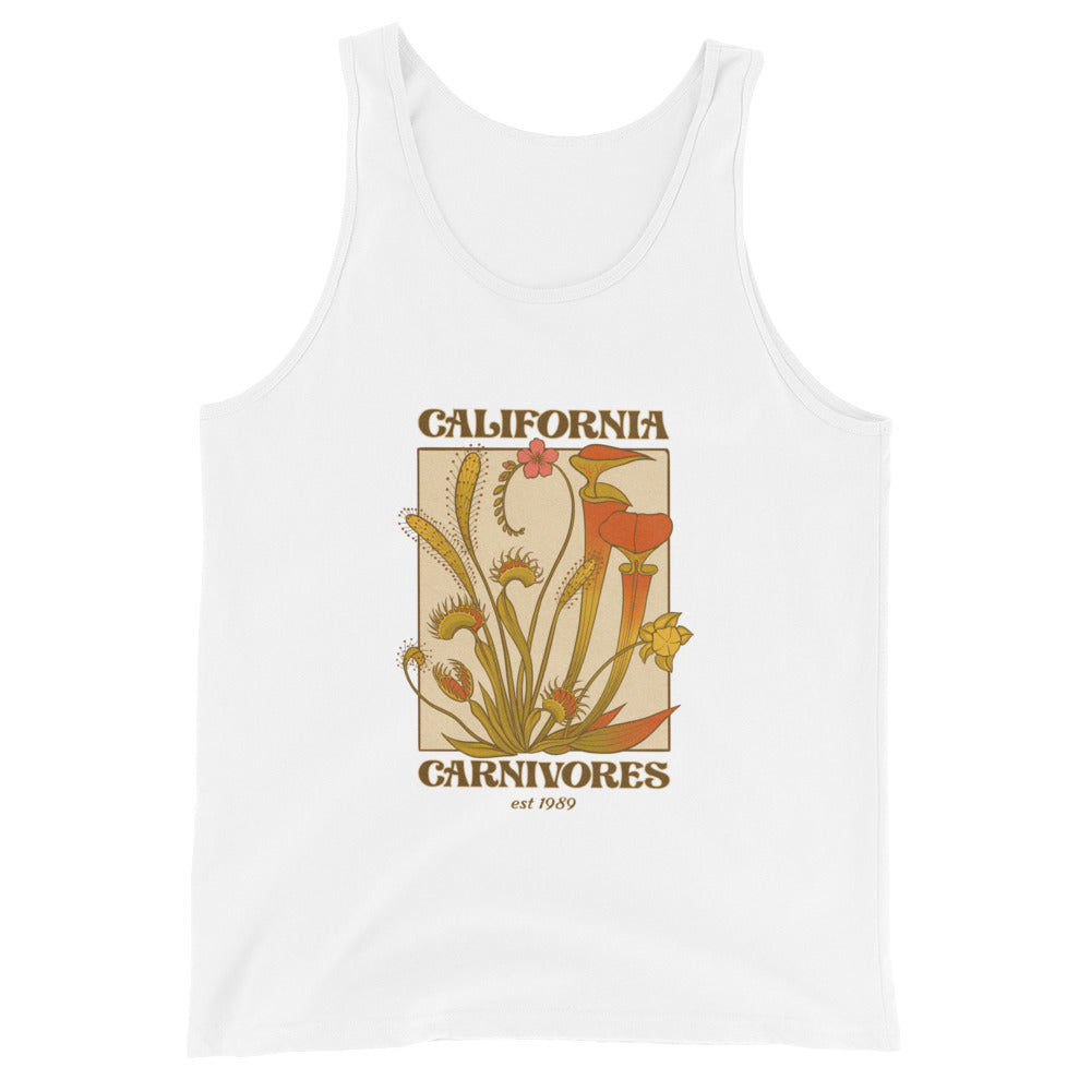 White tank top with carnivorous plant design and 'California Carnivores' text on a white background