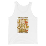 White tank top with carnivorous plant design and 'California Carnivores' text on a white background