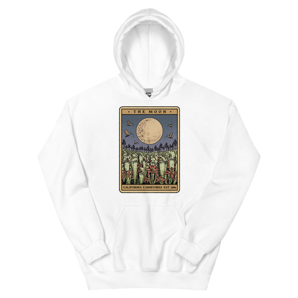 White hoodie with 'The Moon' tarot card design on a white background