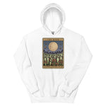 White hoodie with 'The Moon' tarot card design on a white background