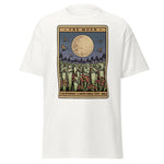 White t-shirt with 'The Moon' graphic design featuring a moon and trees on a white background