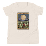 Beige t-shirt with 'The Moon' tarot card design on a white background