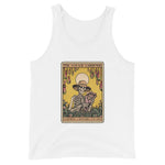 White tank top with a skeleton and plants graphic on a white background