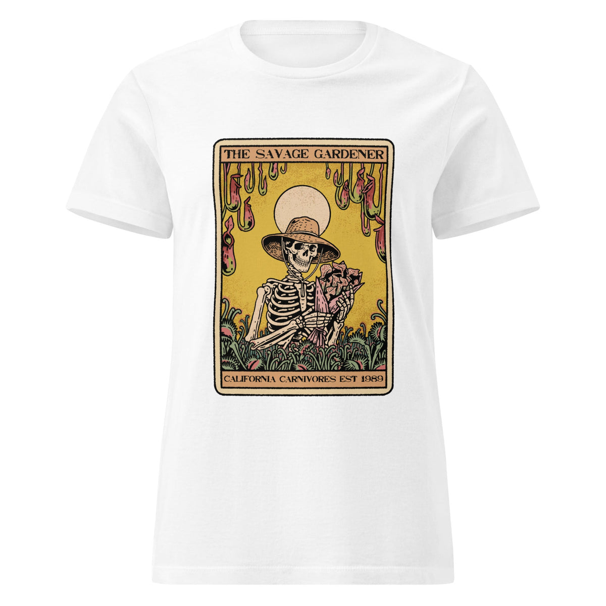 White t-shirt with a graphic of a skeleton wearing a hat, surrounded by plants and text on a white background.