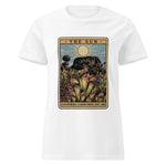 White t-shirt with a graphic design of a tarot card featuring heliamphora and text 
