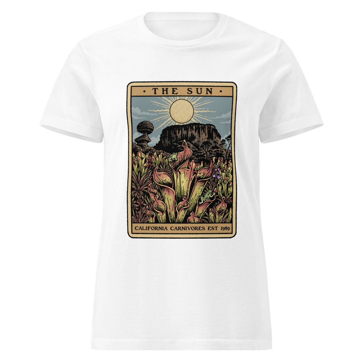 White t-shirt with a graphic design of a tarot card featuring heliamphora and text 