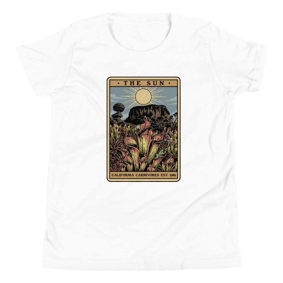 The Shining Sun white youth unisex shirt has a heliamphora in the sun styled after a tarot card.