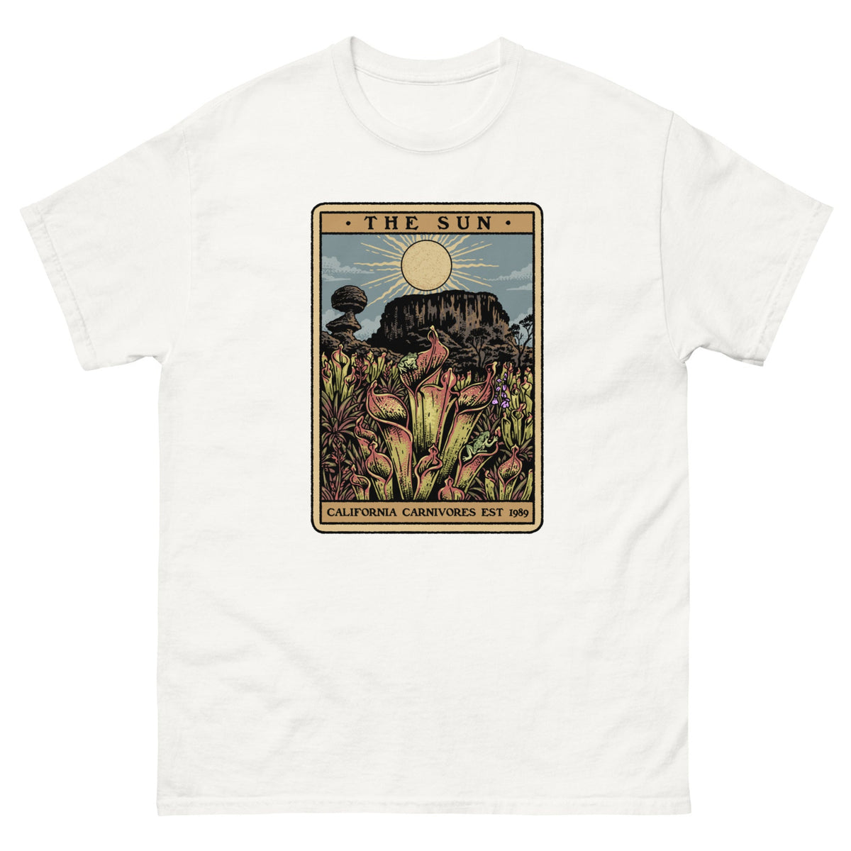 White t-shirt with a graphic design of Heliamphora as the Sun tarot card