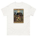 White t-shirt with a graphic design of Heliamphora as the Sun tarot card