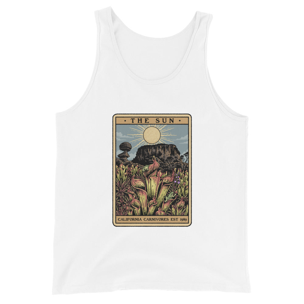 White Shining Sun Unisex Tank Top with image of Heliamphora in the sun in tarot card style