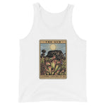 White Shining Sun Unisex Tank Top with image of Heliamphora in the sun in tarot card style