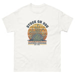 White t-shirt with a graphic design on a white background