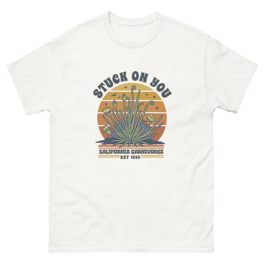 White t-shirt with a graphic design on a white background