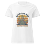 White t-shirt with a graphic design on a white background