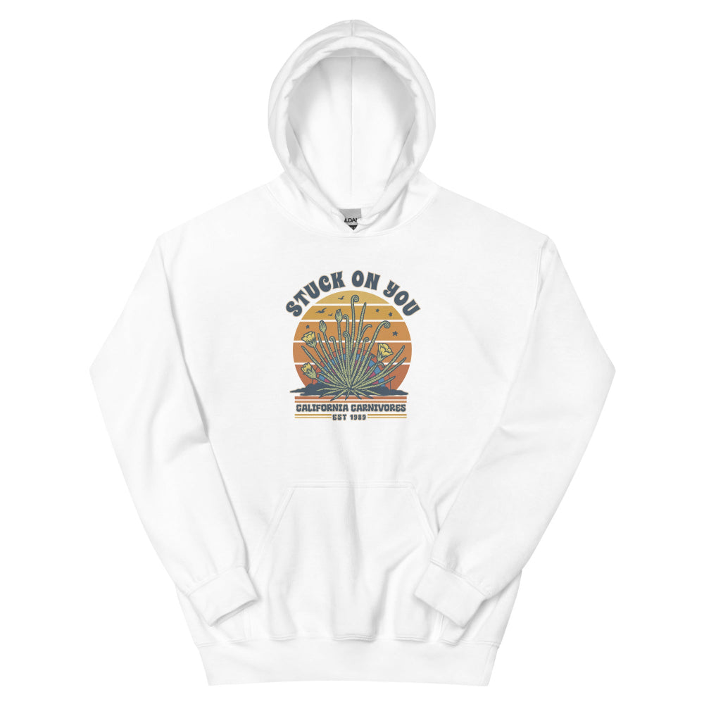 White hoodie with a colorful graphic and text on a white background