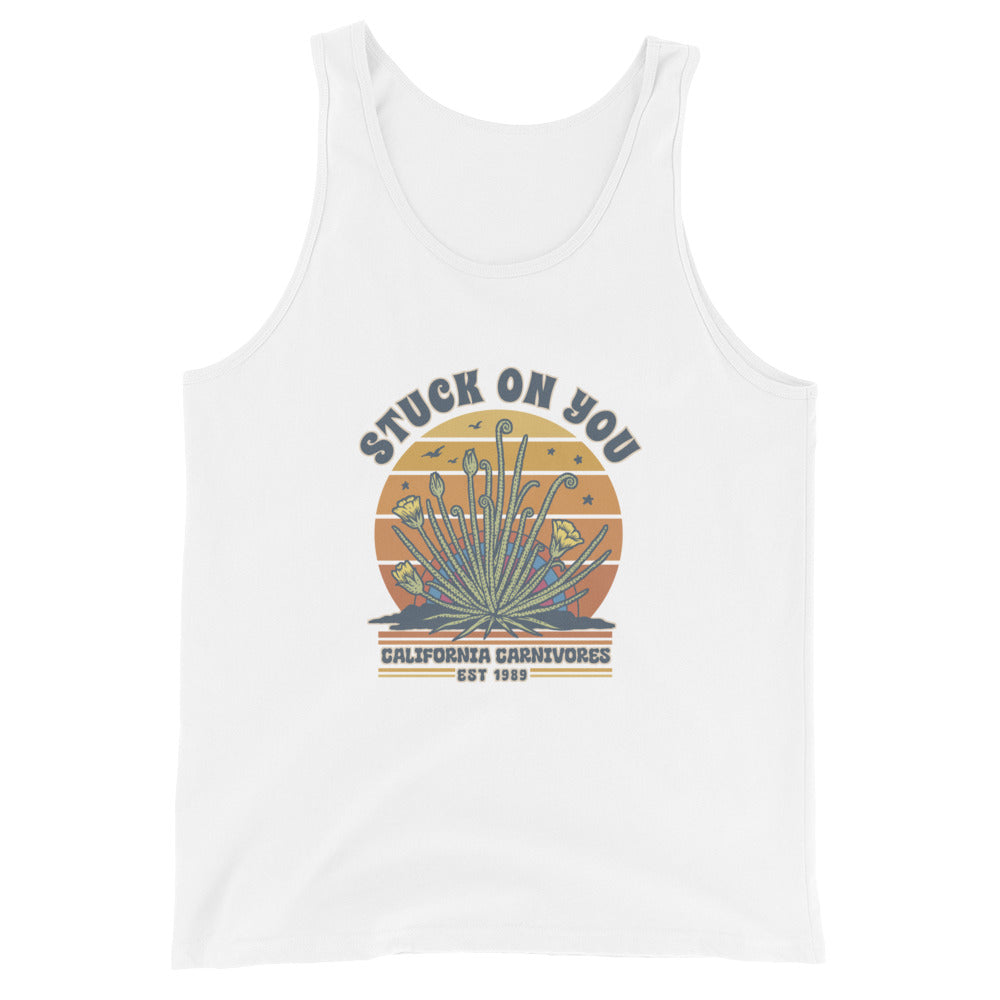 White tank top with a graphic design of a cactus and text on a white background