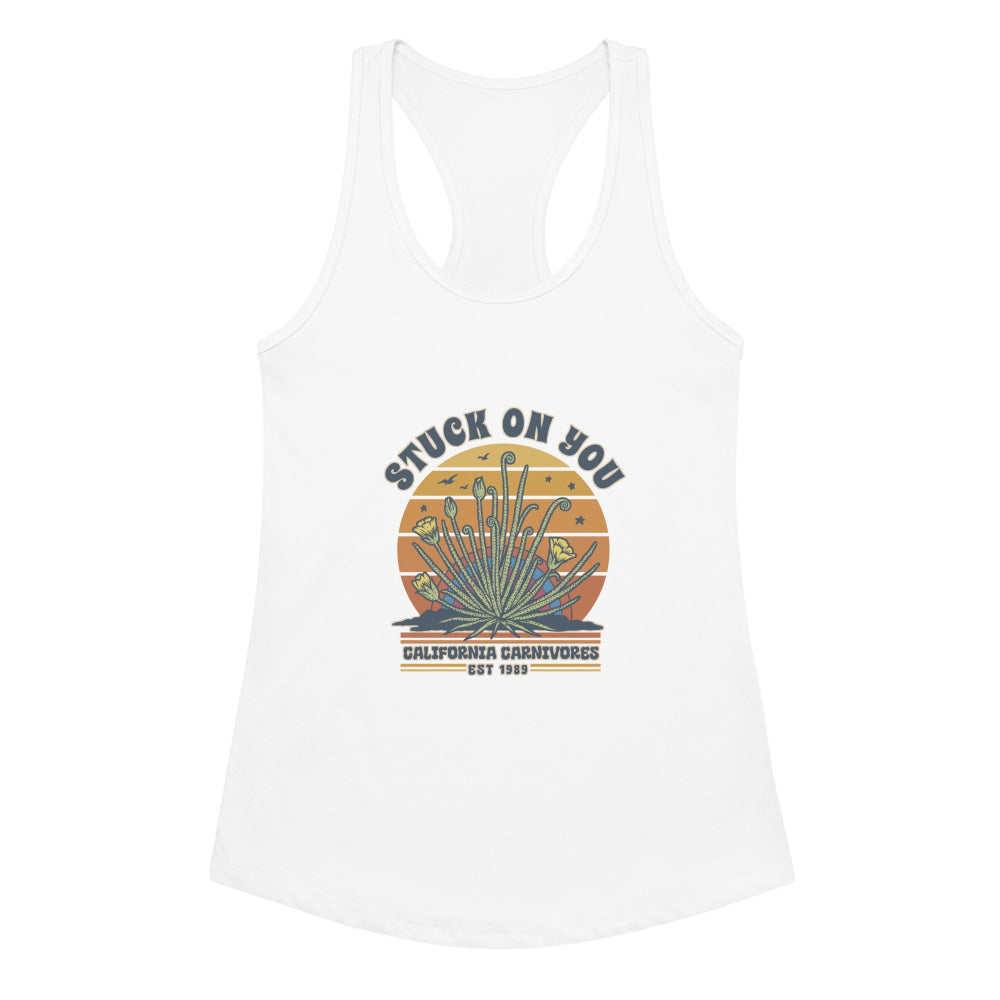 White tank top with a graphic design and text on a white background