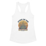 White tank top with a graphic design and text on a white background