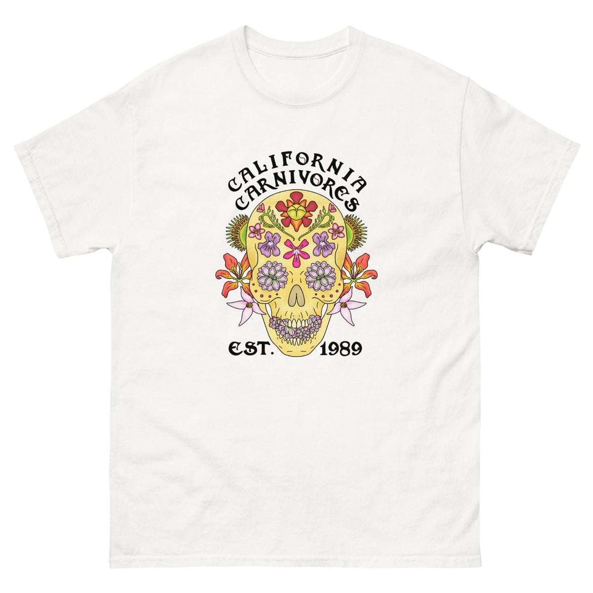 White t-shirt with a colorful skull design and 'California Carnivores' text on a white background