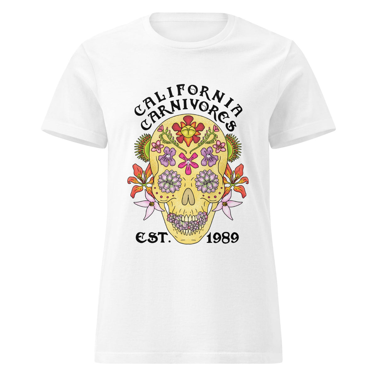 White t-shirt with a colorful skull design and 'California Carnivores' text on a white background