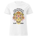 White t-shirt with a colorful skull design and 'California Carnivores' text on a white background