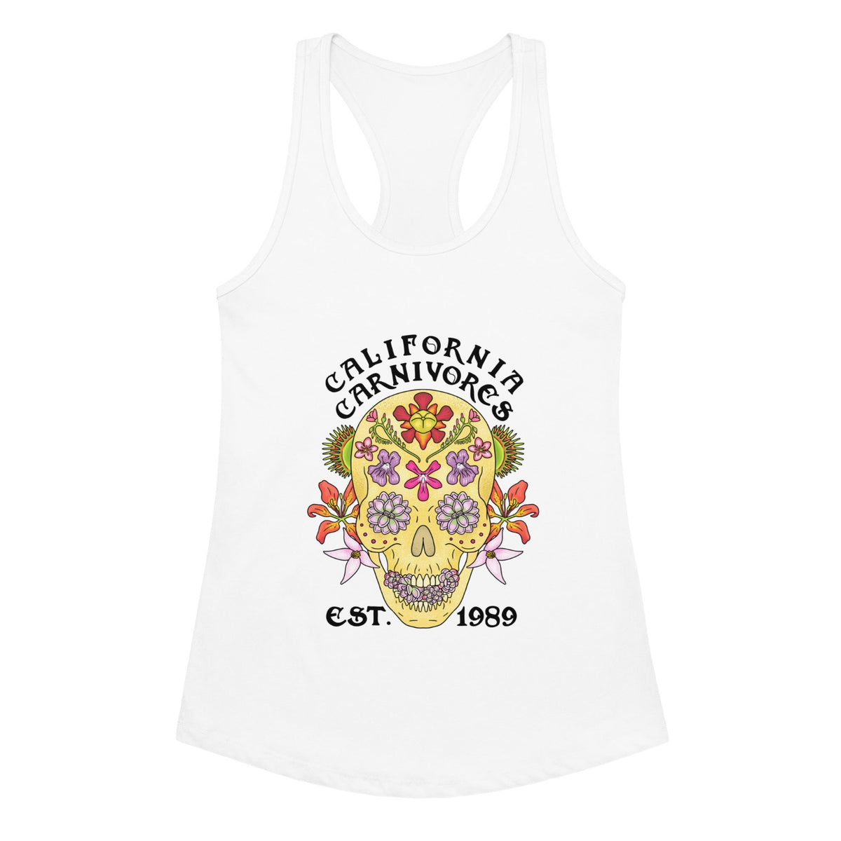White tank top with a colorful skull design and 'California Carnivores' text on a white background