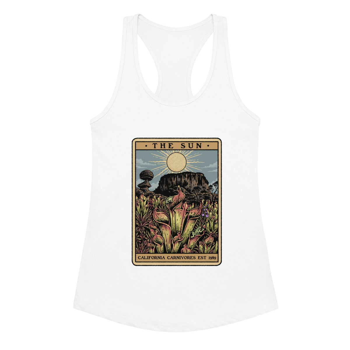 White Womens Tank Top with a graphic design of a tarot card featuring heliamphora and text 