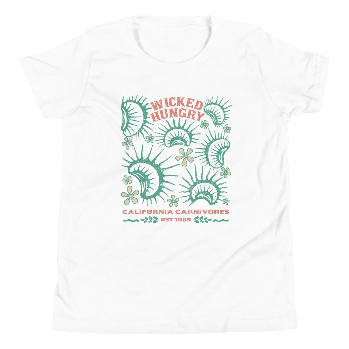White Tshirt with Wicked Hungry written across the top middle and venus flytraps surrounding it