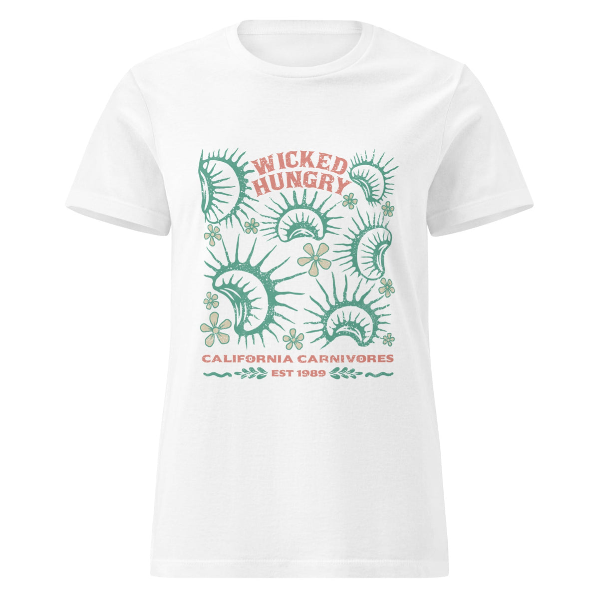 White California Carnivores Womens t-shirt with Wicked Hungry in coral, in the upper middle, surrounded by wood block print style flytraps in teal. 