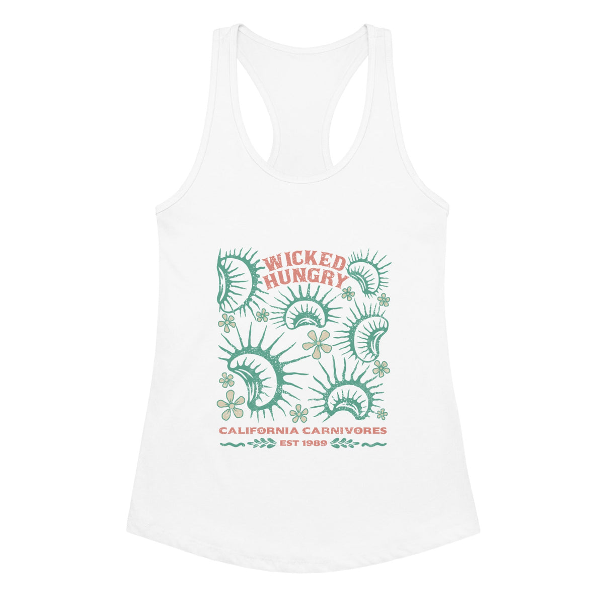 White California Carnivores Womens tank top with Wicked Hungry in coral, in the upper middle, surrounded by wood block print style flytraps in teal. 