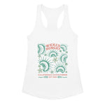White California Carnivores Womens tank top with Wicked Hungry in coral, in the upper middle, surrounded by wood block print style flytraps in teal. 