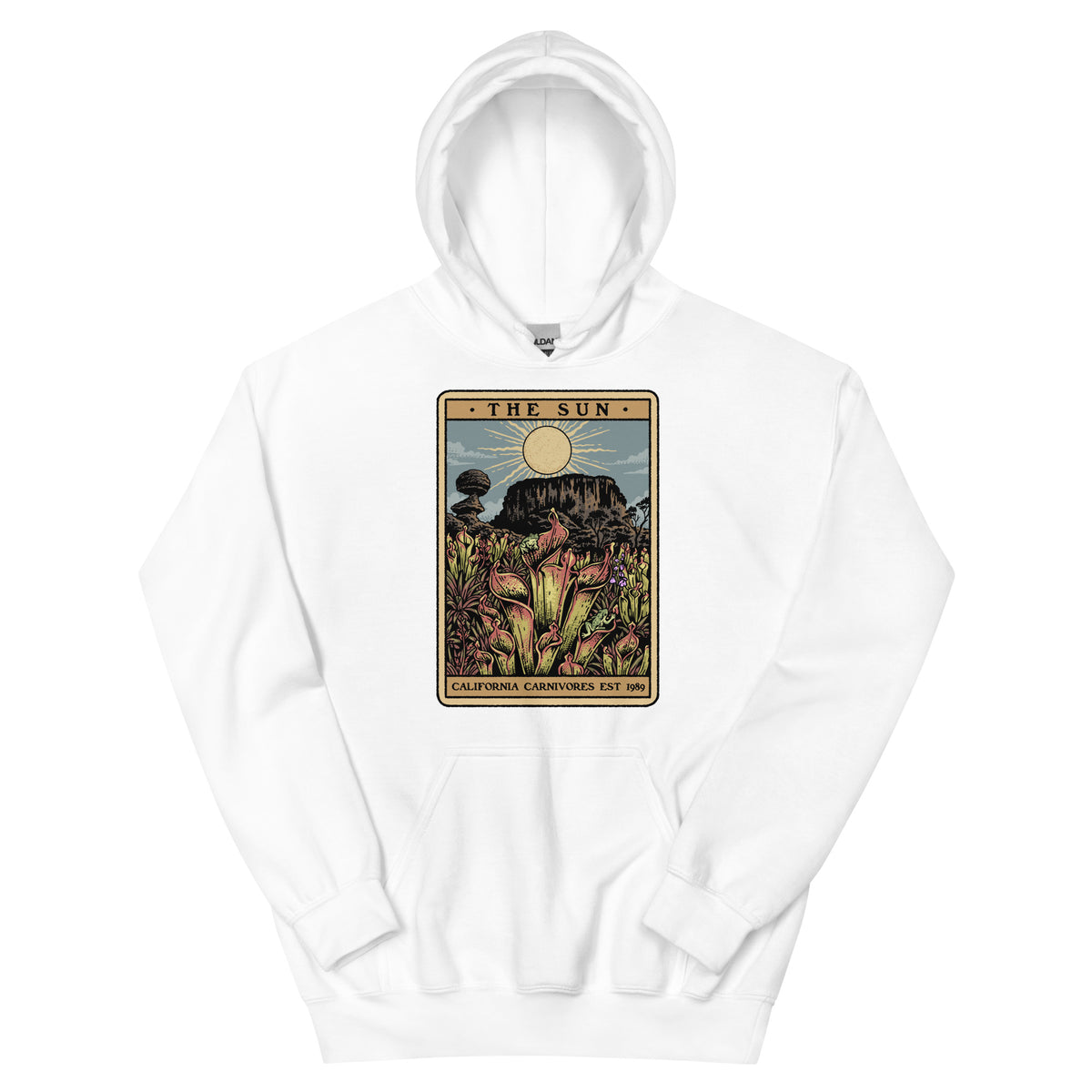 white Unisex hoodie with a graphic design of Heliamphora as the Sun tarot card