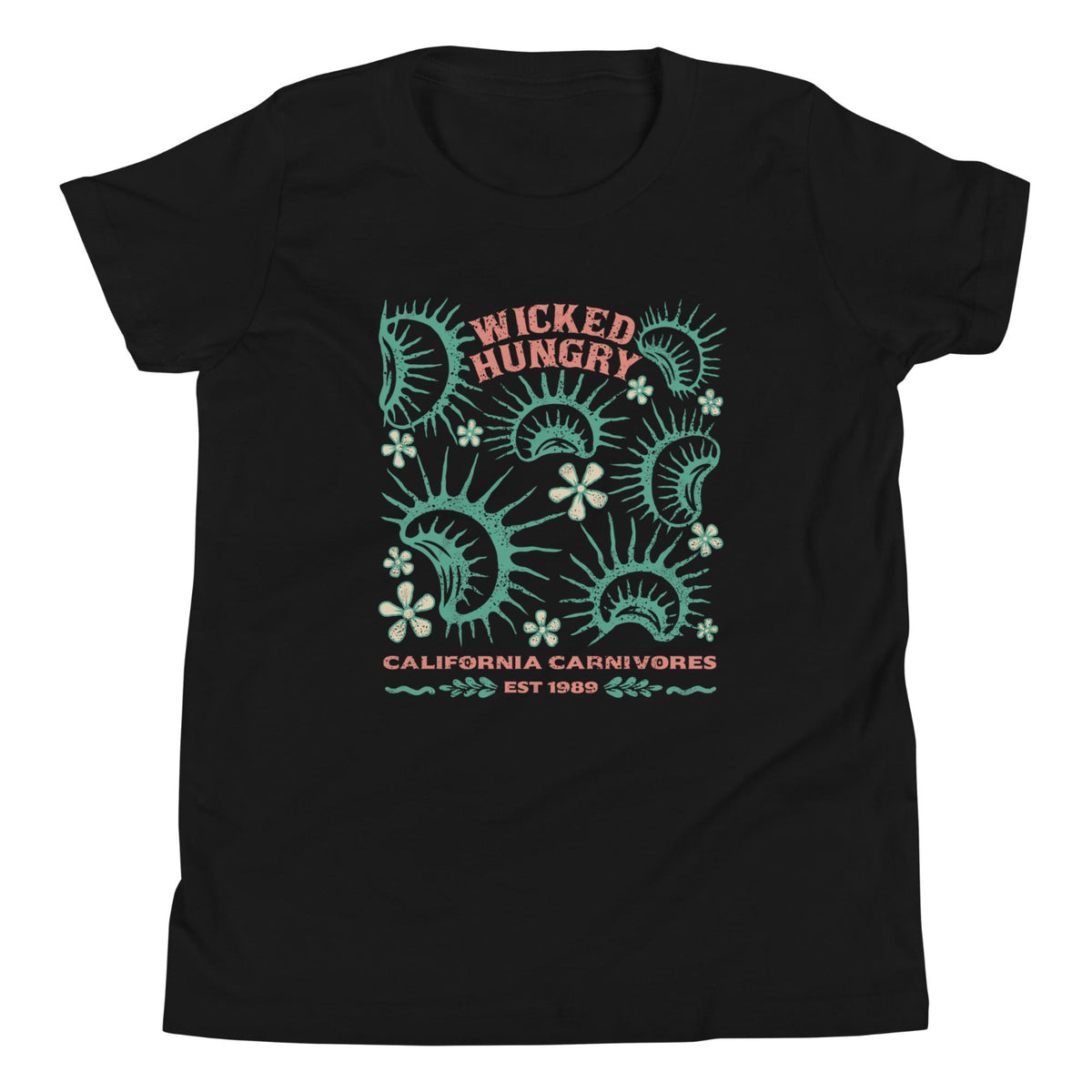 Black Tshirt with Wicked Hungry written across the top middle and venus flytraps surrounding it