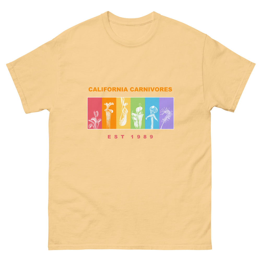 Yellow t-shirt with colorful graphic and 'California Carnivores' text on a white background