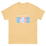 Yellow t-shirt with graphic design and text on a white background