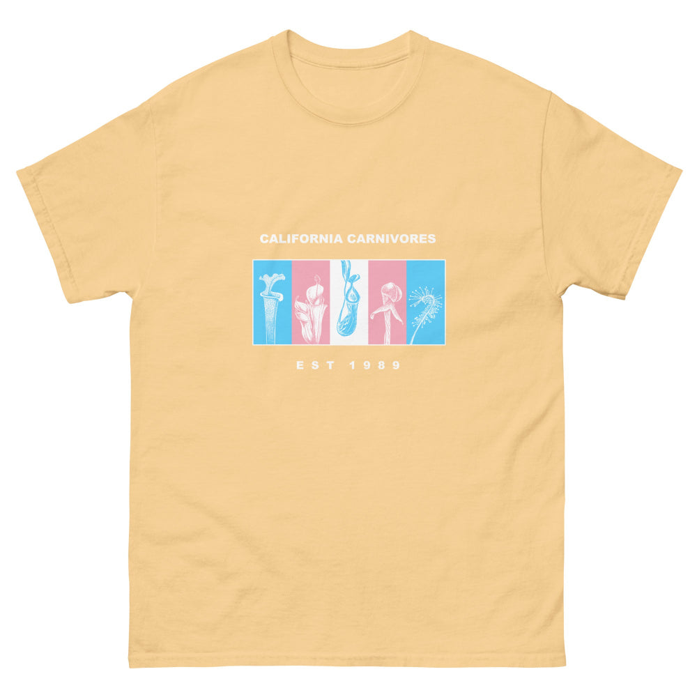 Yellow t-shirt with graphic design and text on a white background