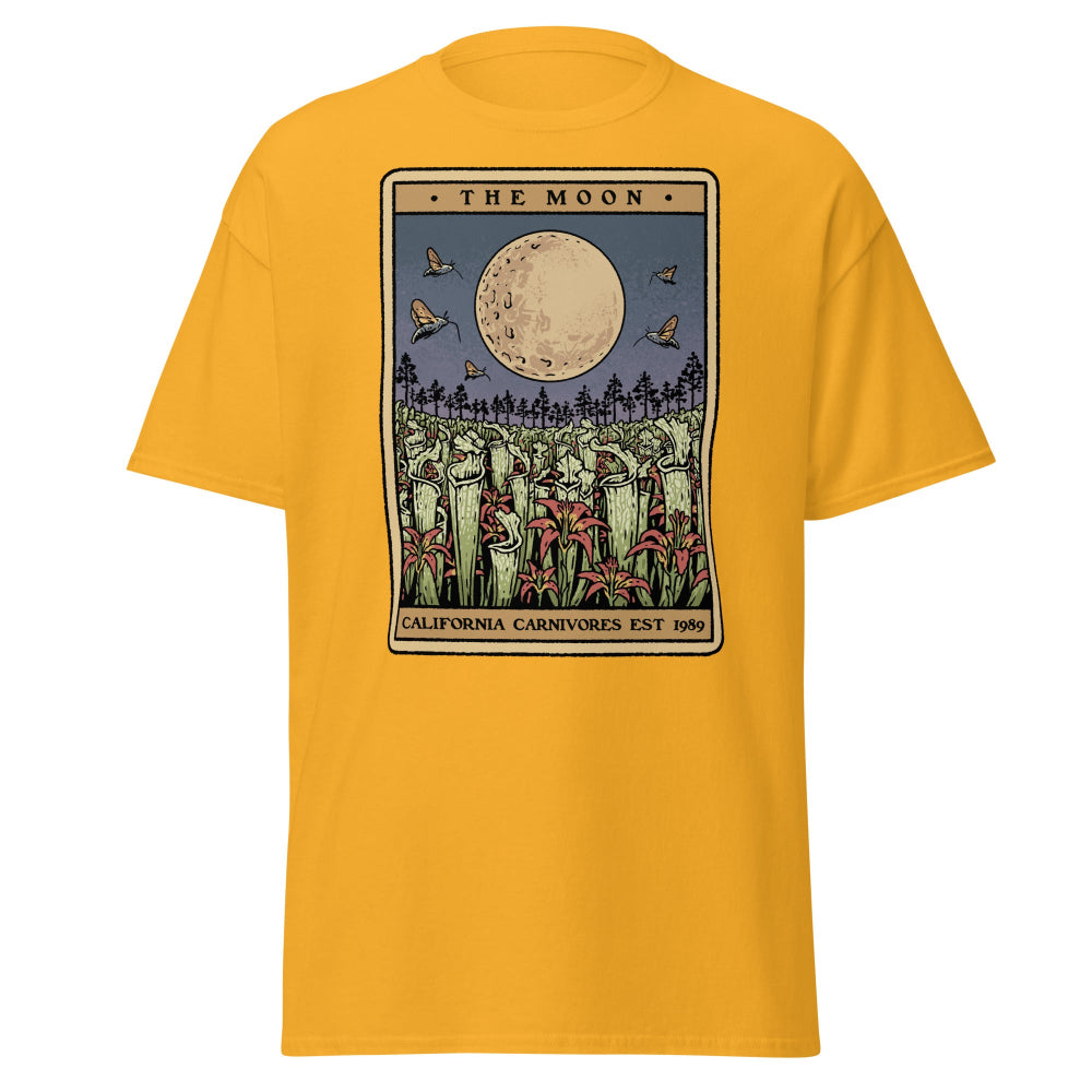 Yellow t-shirt with 'The Moon' graphic design featuring a moon and trees on a white background