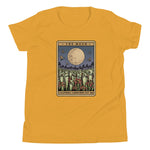 Yellow t-shirt with 'The Moon' tarot card design on a white background