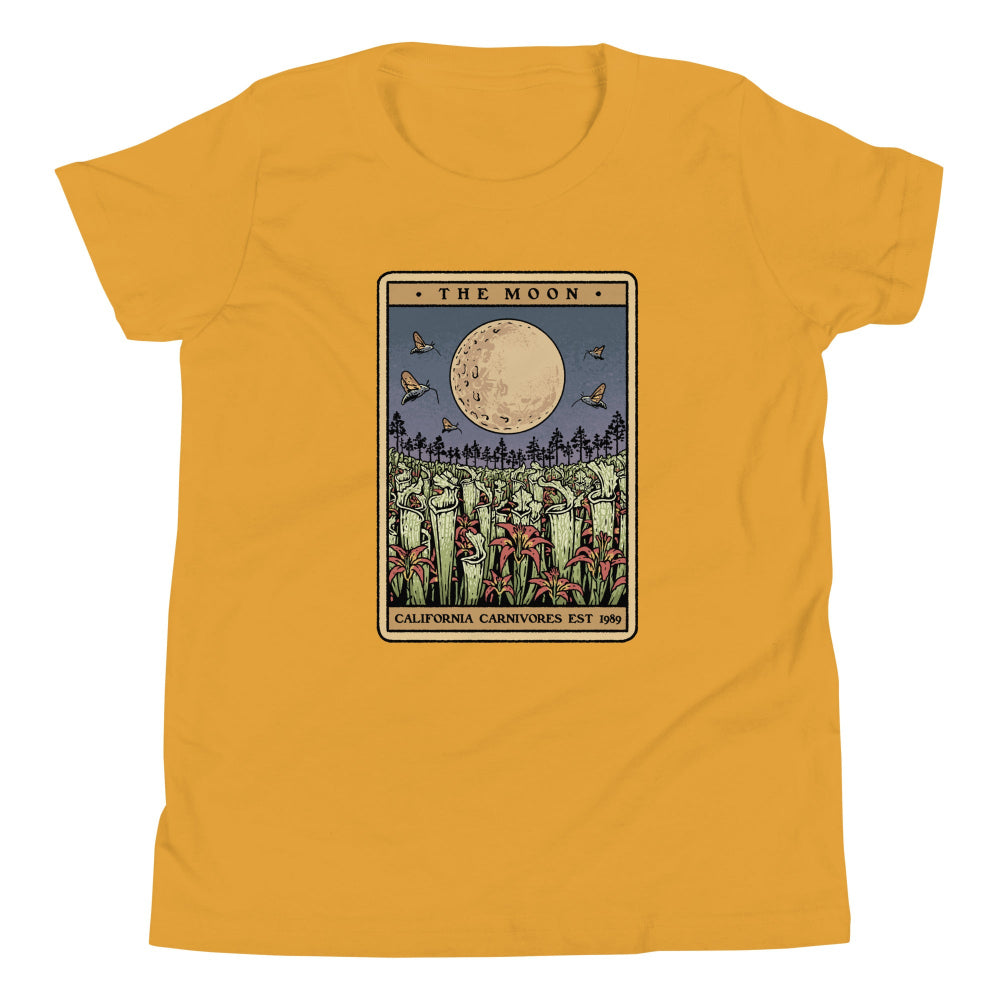 Yellow t-shirt with 'The Moon' tarot card design on a white background