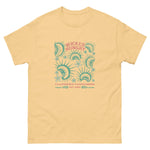 Yellow Haze California Carnivores unisex shirt with Wicked Hungry in coral, in the upper middle, surrounded by wood block print style flytraps in teal. 