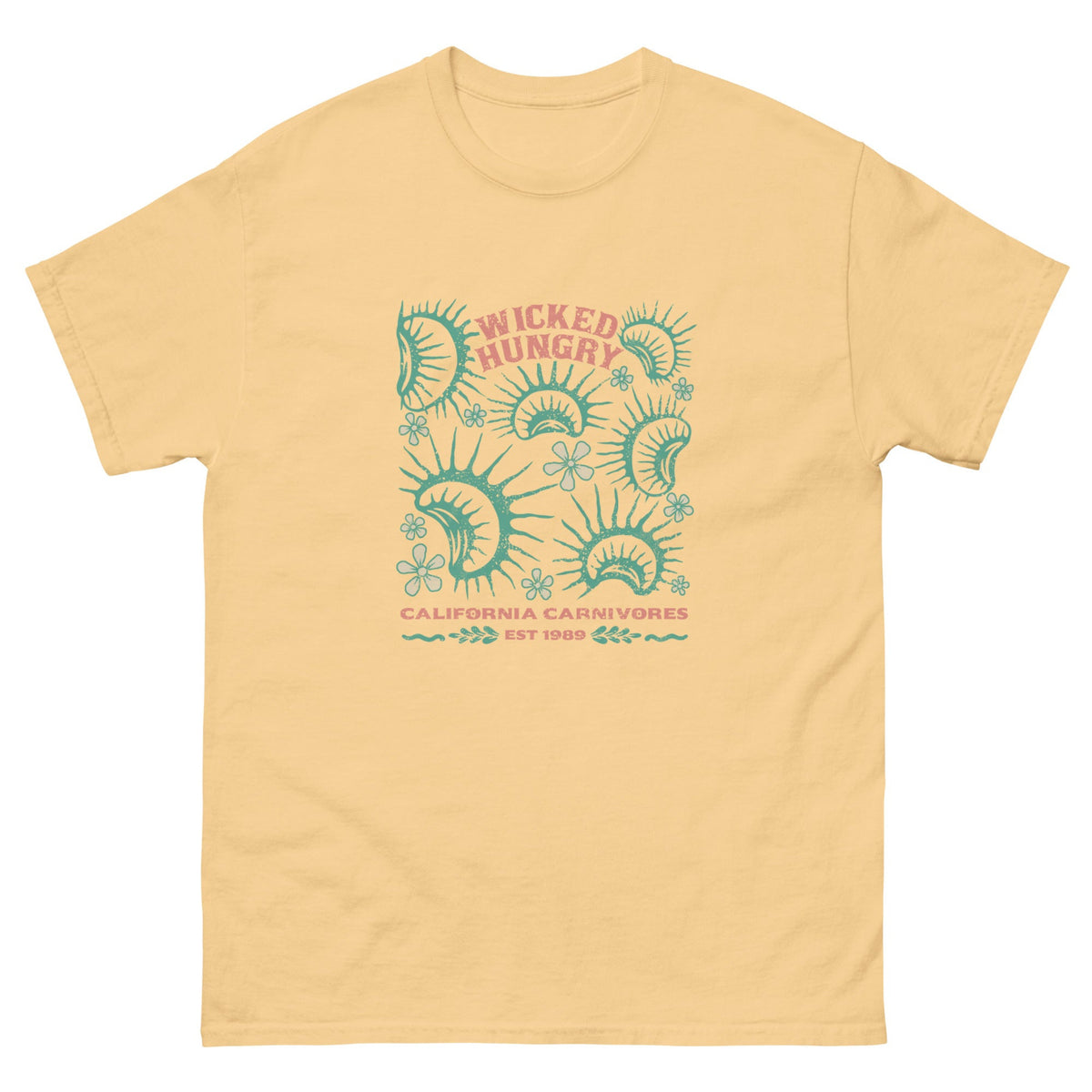 Yellow Haze California Carnivores unisex shirt with Wicked Hungry in coral, in the upper middle, surrounded by wood block print style flytraps in teal. 