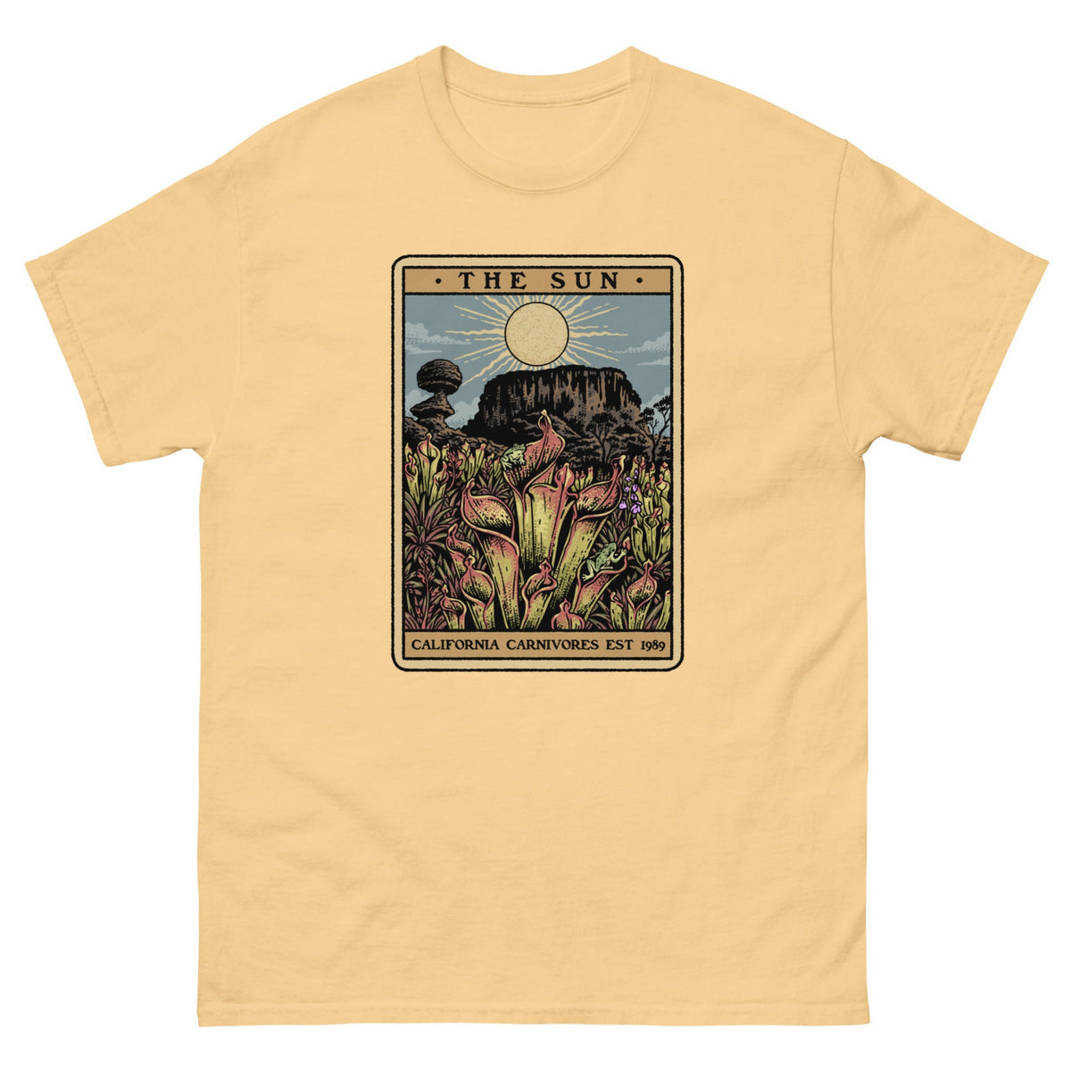 Yellow Haze t-shirt with a graphic design of Heliamphora as the Sun tarot card
