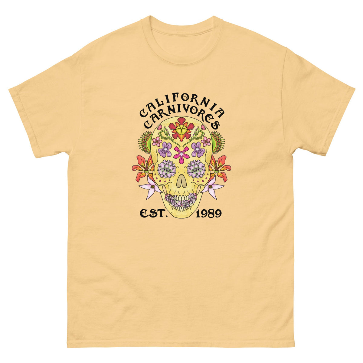 Beige t-shirt with a colorful skull design and 'California Carnivores' text on a white background