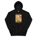 Black hoodie with a graphic design on a white background