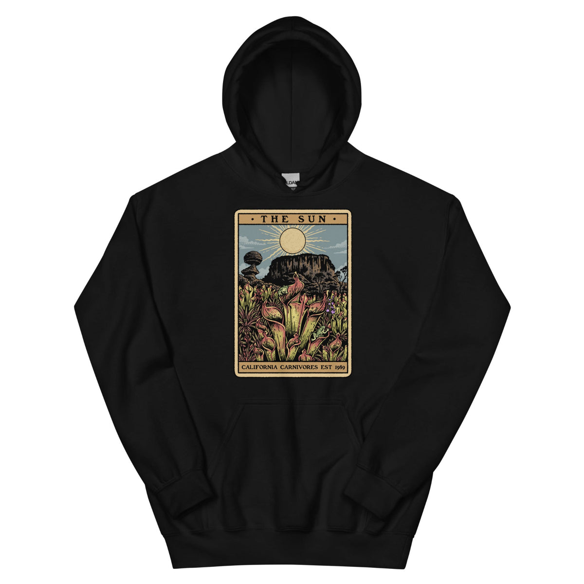  Black Unisex hoodie with a graphic design of Heliamphora as the Sun tarot card
