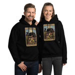 Unisex hoodie with a graphic design of Heliamphora as the Sun tarot card worn by a man and a woman