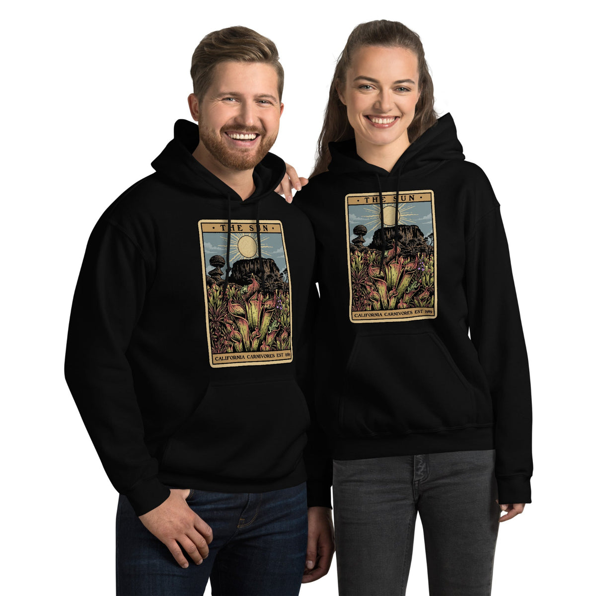 Unisex hoodie with a graphic design of Heliamphora as the Sun tarot card worn by a man and a woman
