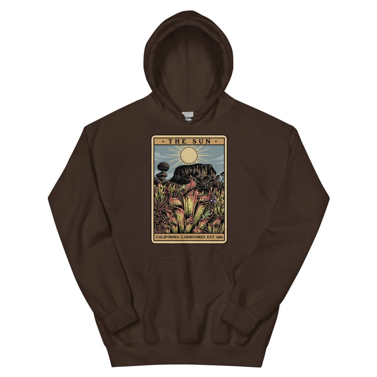 Dark Chocolate Unisex hoodie with a graphic design of Heliamphora as the Sun tarot card
