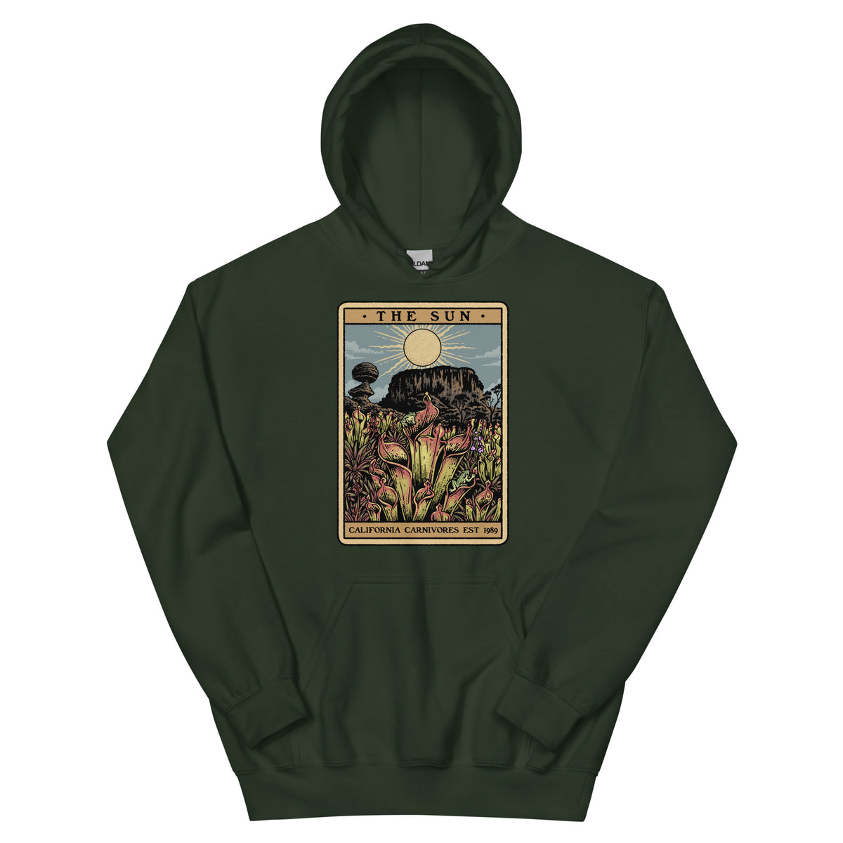 Forest green Unisex hoodie with a graphic design of Heliamphora as the Sun tarot card